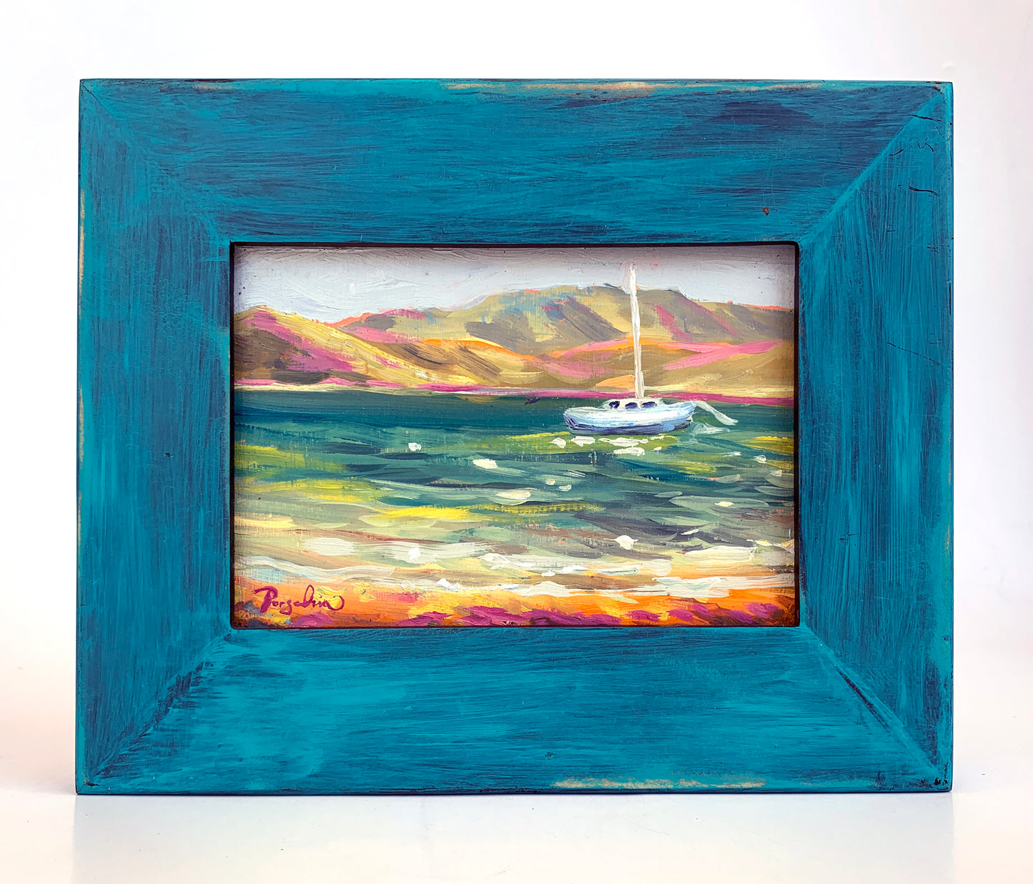 Anchored Sailor At Johnson's Bay 4"x6" Framed Oil on wood panel