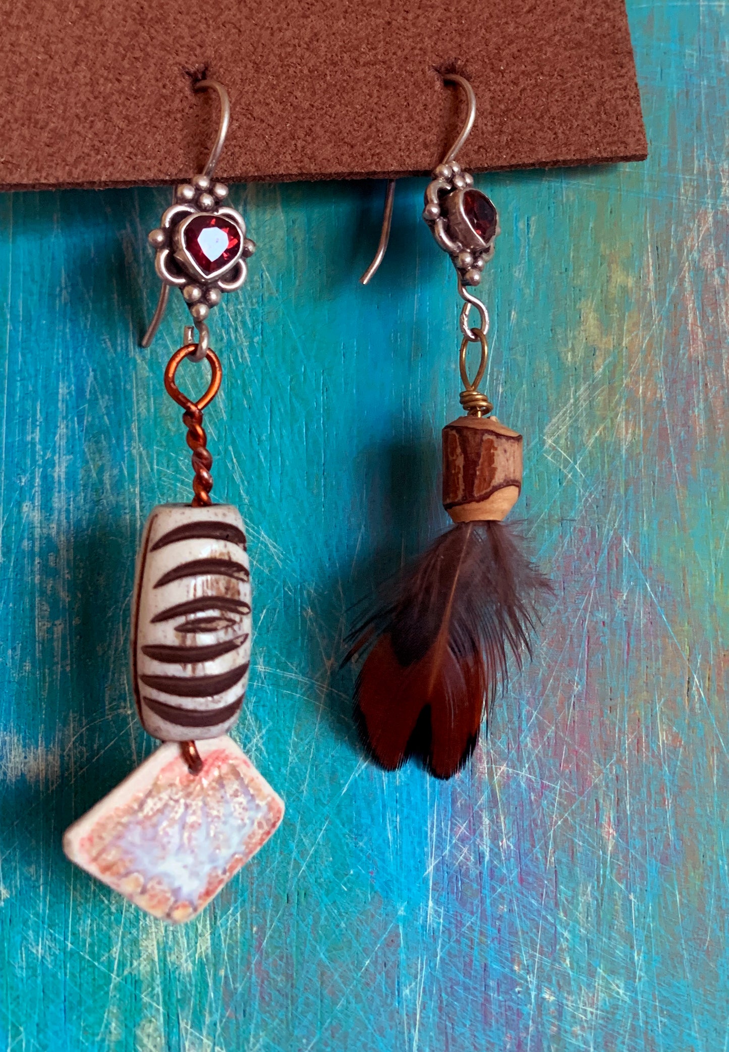 Ceramic and Copper Hand Crafted Feather & Red Swarovski Crystal Earring by Porschia