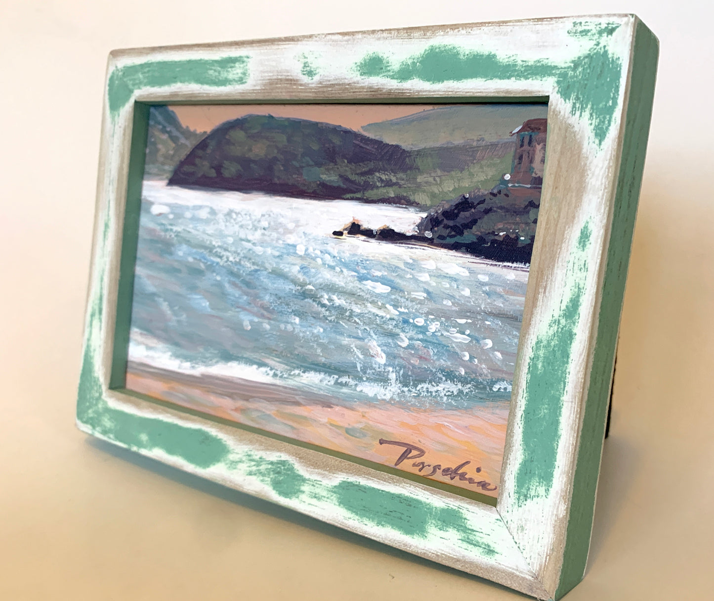 Hansen Bay Beach Villa at Dusk , 4"x6" Acrylic on Wood Panel