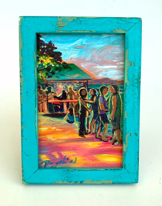 Caribbean Dancers & Musicians on the Beach 4"x6"  Acrylic on wood panel , Prints available by special order!